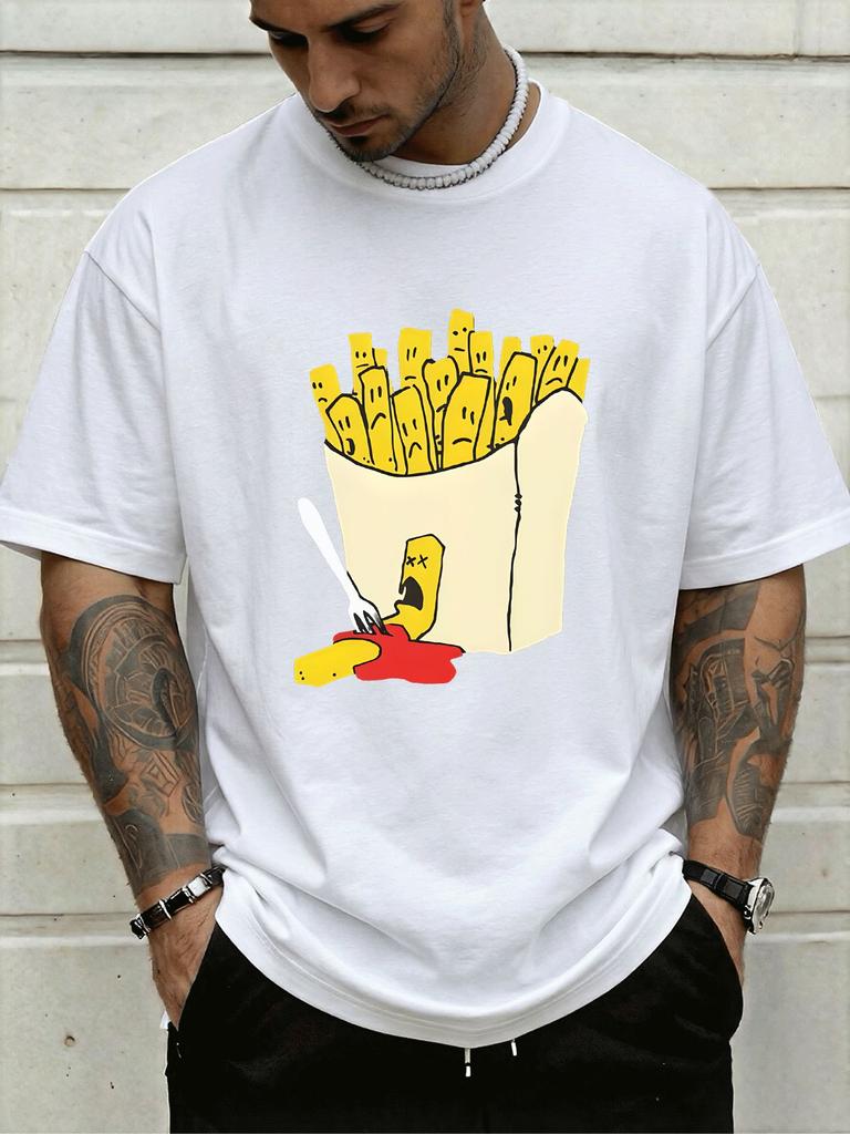 Royal Blue Unisexs Short Sleeve Top Funny Dead Fry With Ketchup Fork Comic Print Loose Fit Cotton Teen Daily Streetwear Tee