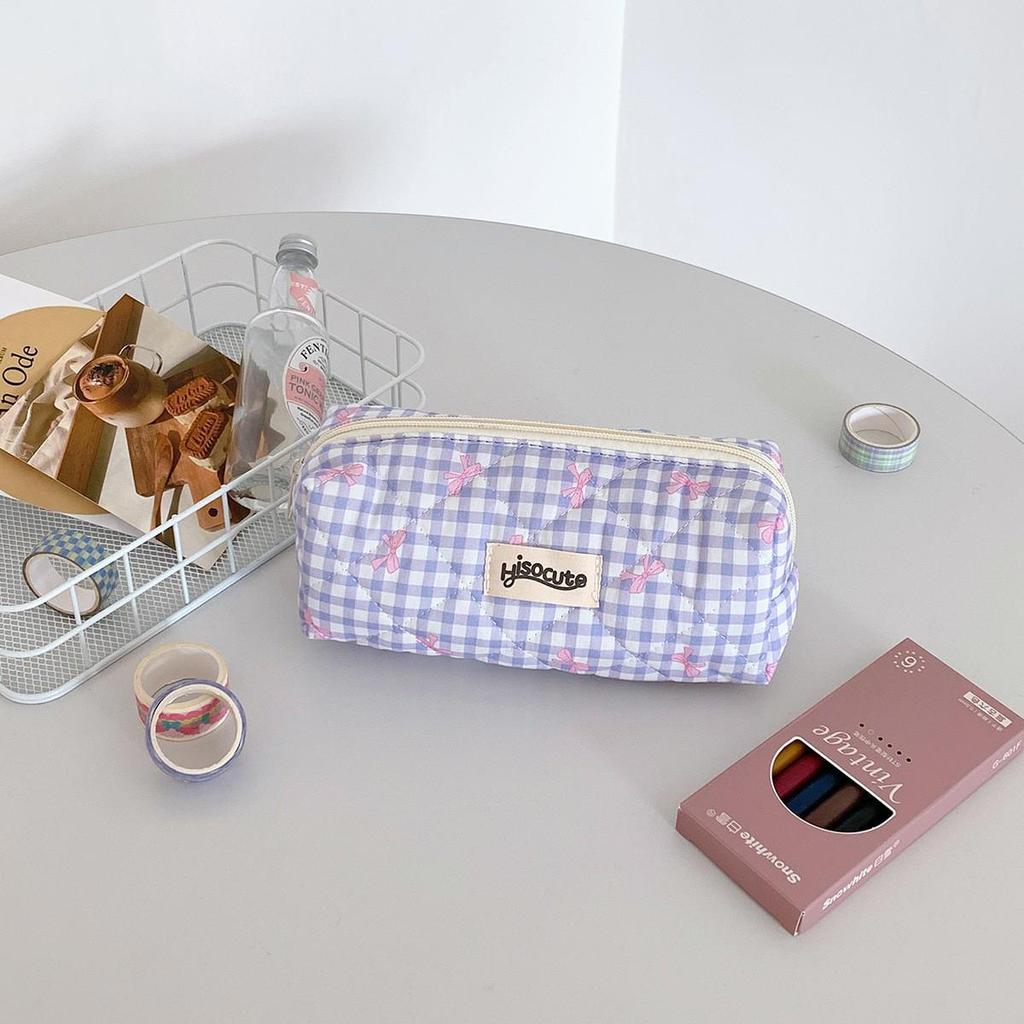 Plaid Bow Makeup and Pencil Case - Stylish and Portable Toiletry and Storage Bag for Students