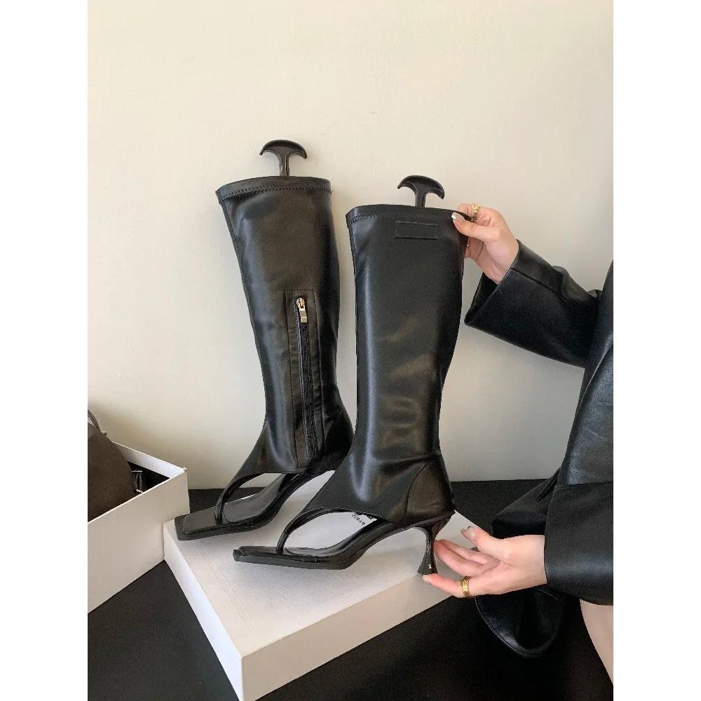 Eilyken Stivali Alti Fino al Ginocchio con Punta Aperta Donna Zip Laterale Stivaletti Sandali Moderni Tacco Basso Sottile Scarpe da Festa Botas Mujer