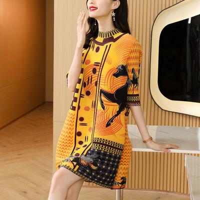 Vestido estampado feminino 2022 primavera nobre elegante temperamento retrô e chique solto gola redonda vestido de manga curta