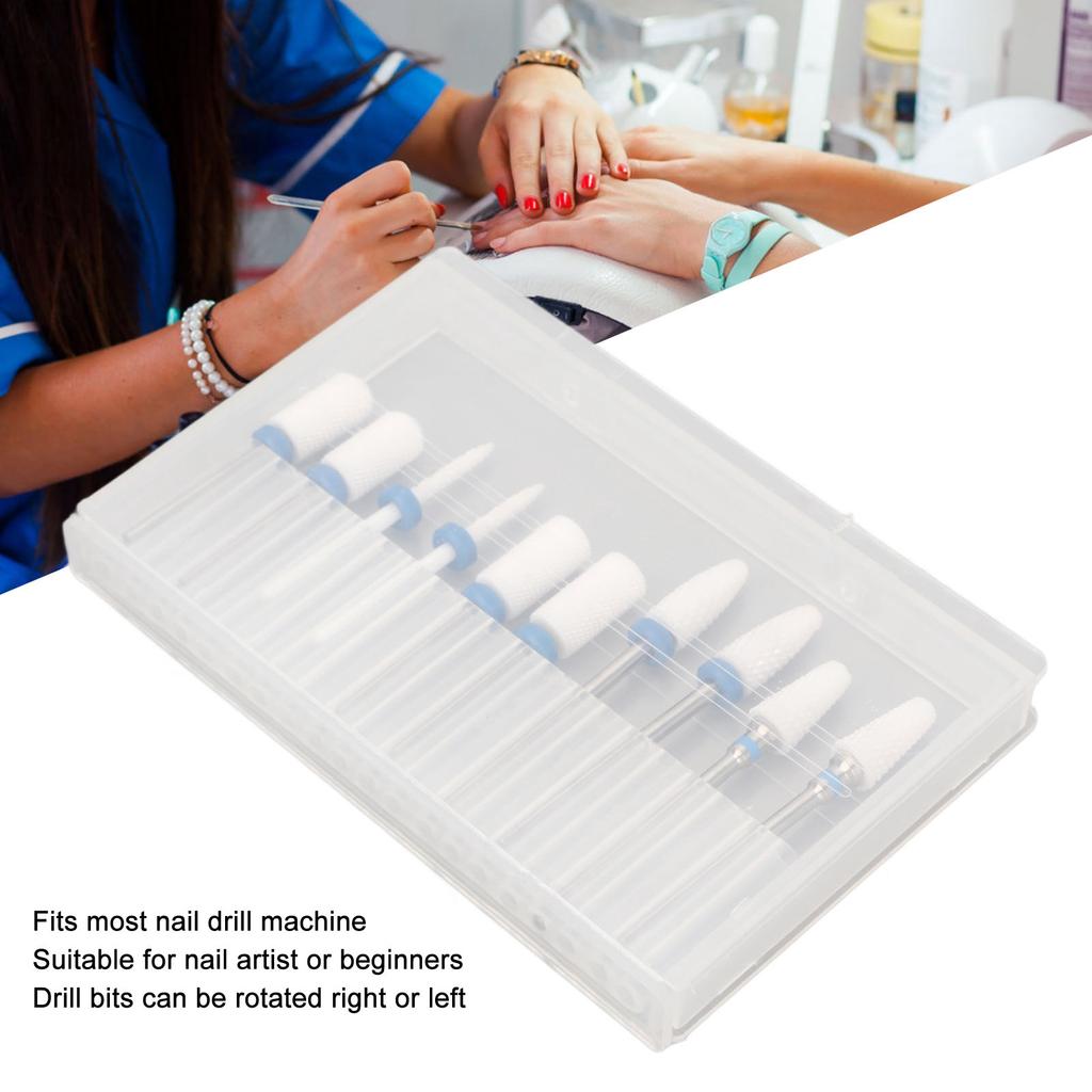 10pcs Nail Drill Bits Set Home Salon Novice Ceramic Cuticle Remover Bits with 20 Hole Storage Box