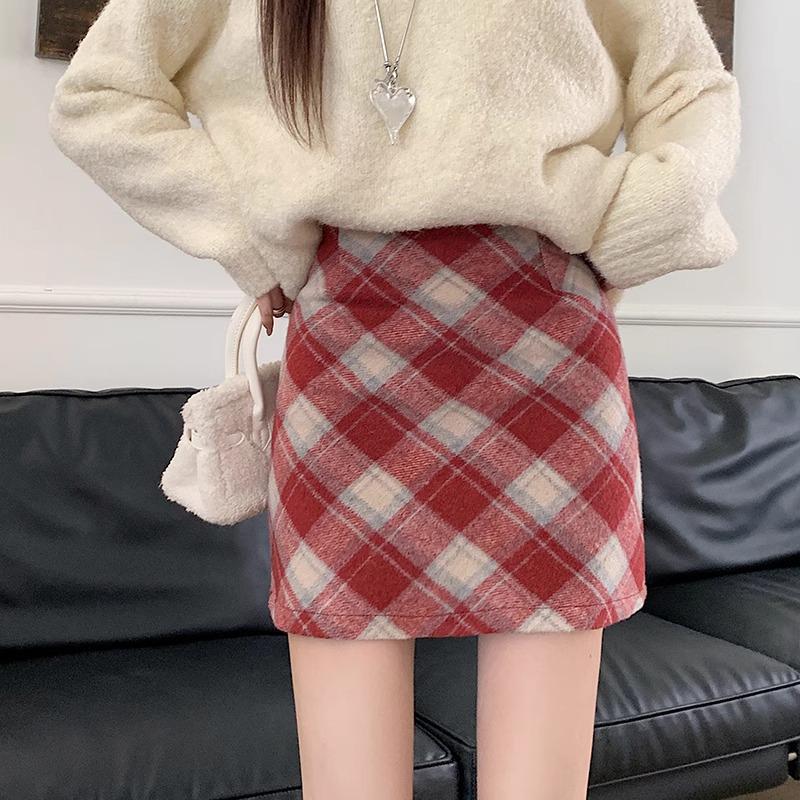 Женская ретро-шикарная клетчатая миди-юбка из шерсти для зимы – Юбка-карандаш А-силуэта с высокой талией L