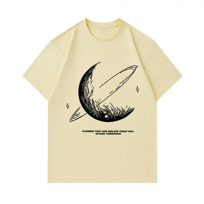Men's 100% Cotton Crew Neck Short Sleeve T-shirt, Saturn Hand-drawn Sketch Planet Print Casual Tee With Slogan, Comfy Breathable Daily Wear Top For Me