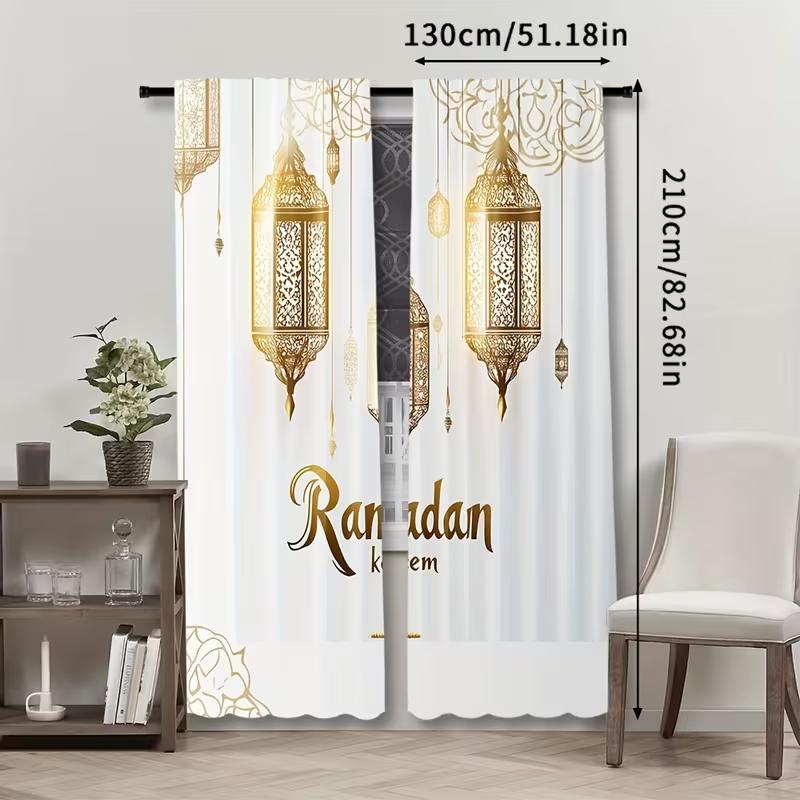 2PC Ramadan Lantern Curtains Gold Islamic Print Light Filtering Drapes Festive Home Decor for Living Room Bedroom