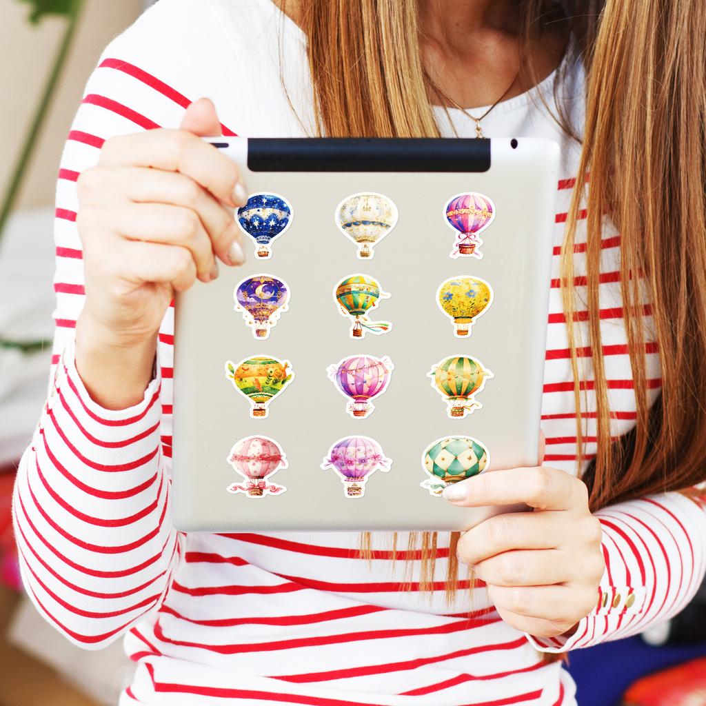50Pcs Watercolor Hot Air Balloon Stickers – Waterproof Reusable Decals for Luggage, Laptop, Phone