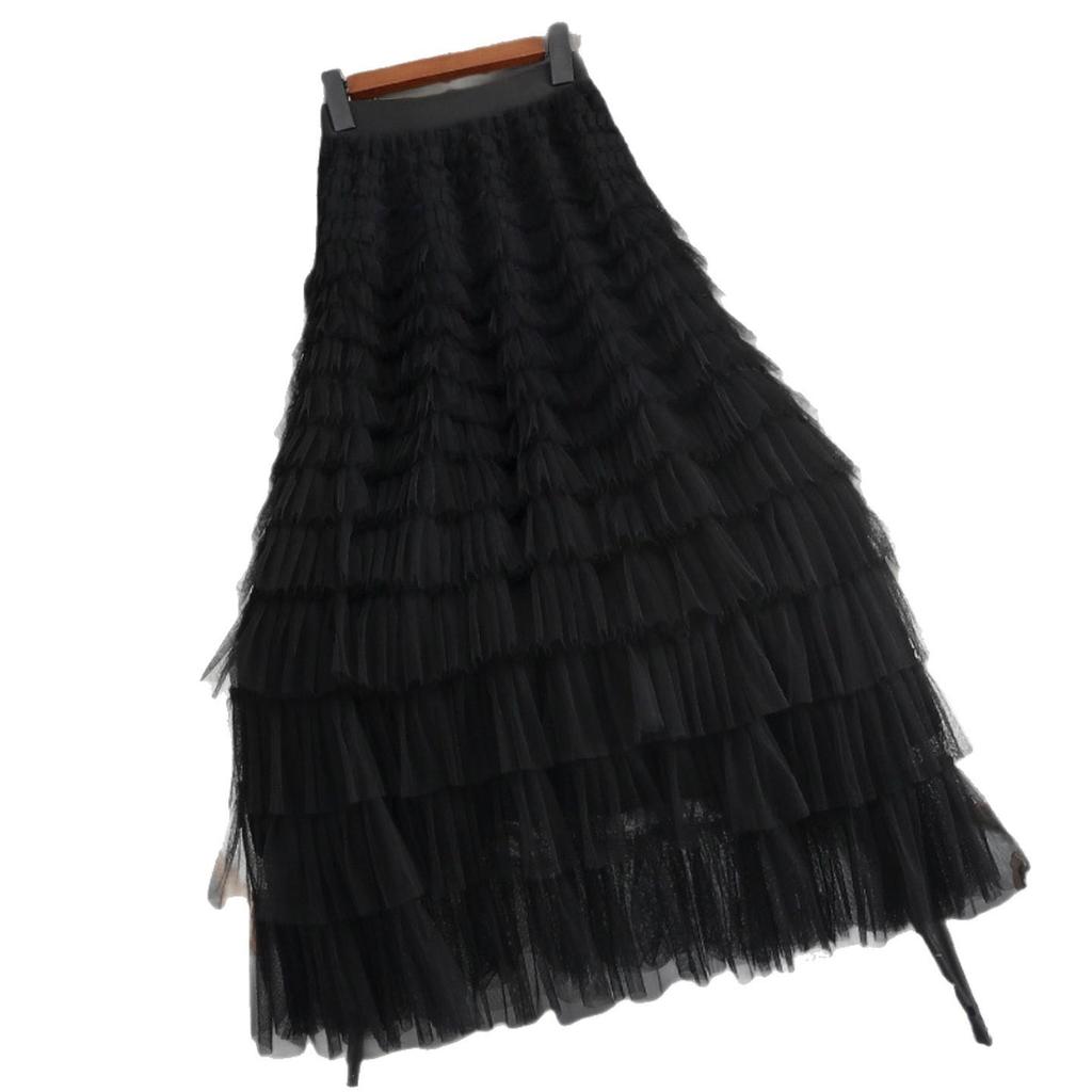 Autumn/Winter Layered Mesh Pleated High-Waisted Fluffy Long Skirt