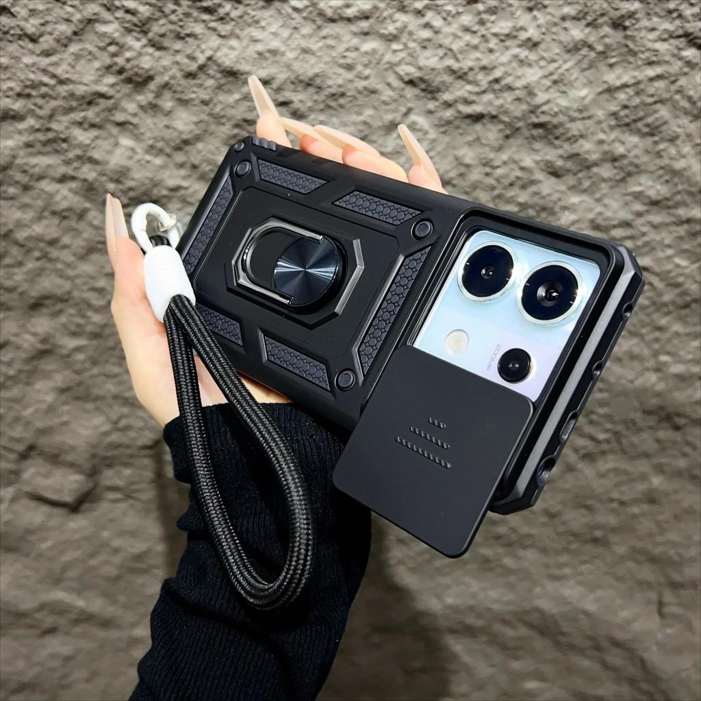 For Xiaomi 14T Pro Case Magnetic Ring Stand With Lanyard Slide Camera Protection Armor Cover for Redmi Note 13 12 Pro 5G 4G 13C