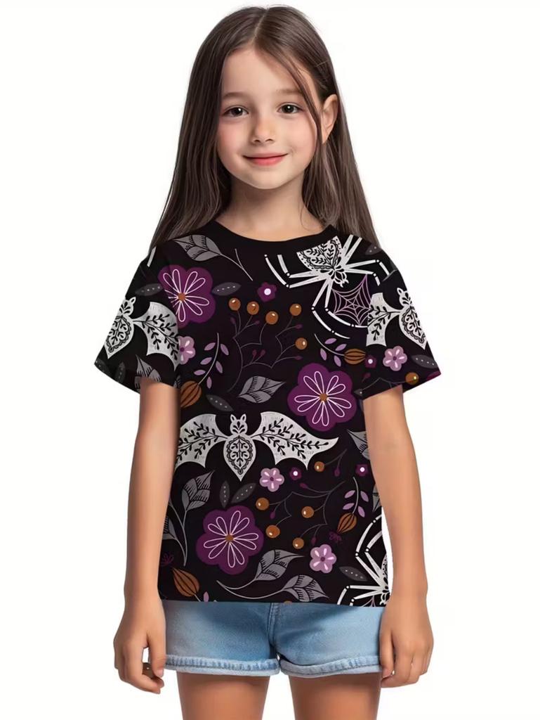 T-Shirt for Girls Halloween Cartoon Pumpkin Print Round Neck Short Sleeve Tops Fashion Girls Clothes Holiday Children's Clothing