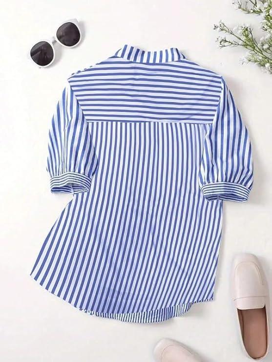 2026 Spring/Summer Women's Plus Size Blue & White Striped Loose Short-Sleeve Casual Shirt
