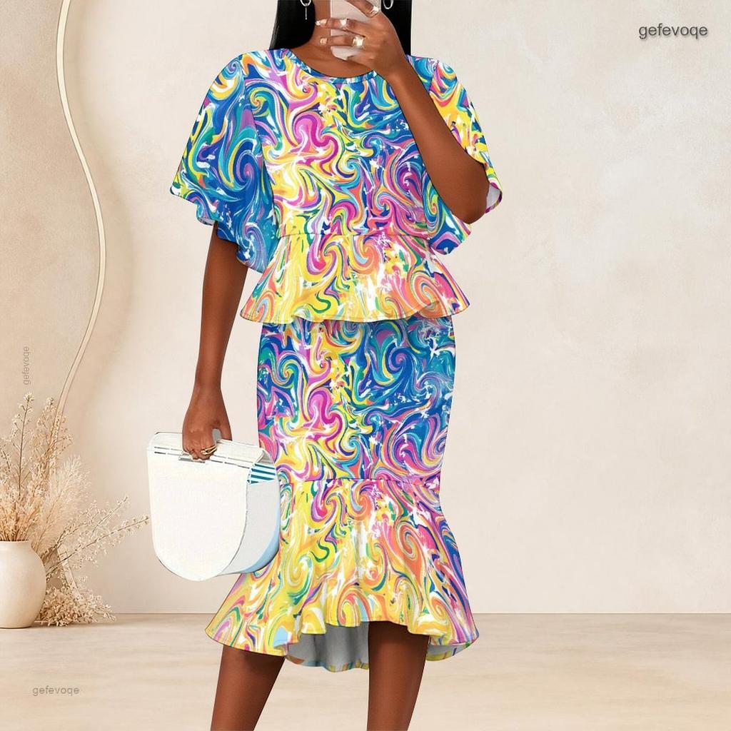 Women Plus Size Two Piece Skirt Set Round Neck Batwing Short Sleeve Floral Printed White Ruffle Hem Top Fishtail Skirt
