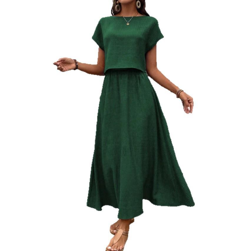2026 summer fashion casual European and American cross-border 2-piece set women's solid color short-sleeved top and casual A-shaped skirt set