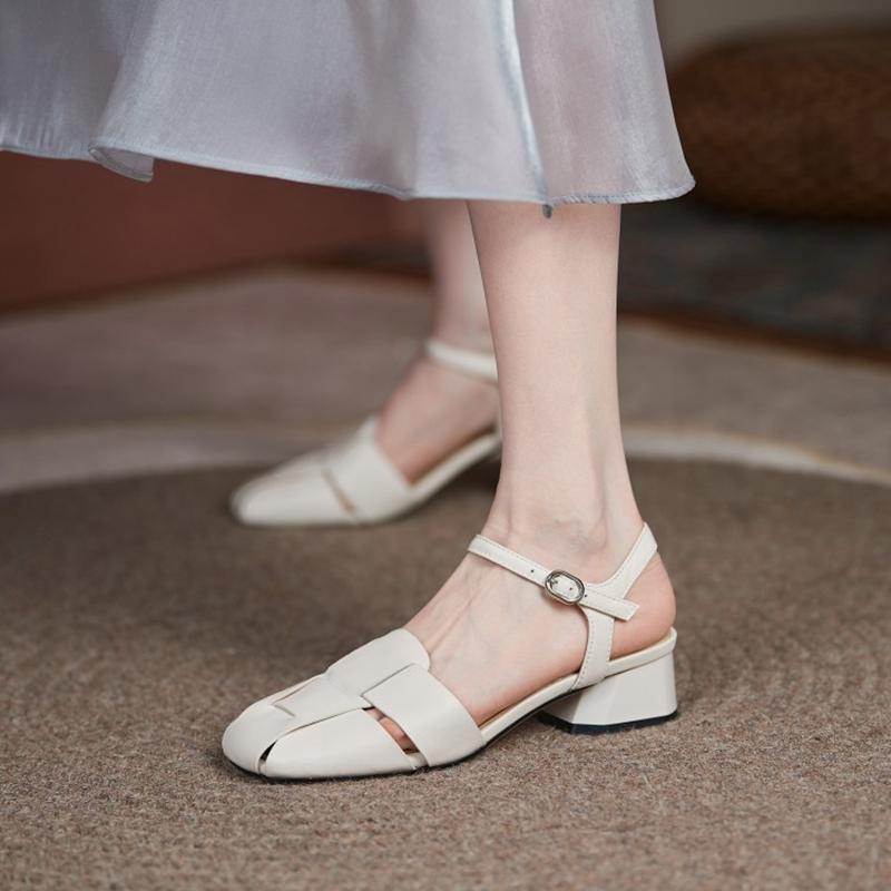 Cow Leather Square Toe Thick Med Heels Autumn Summer Buckle Straps Shoes Hollow Decorations Women Shallow Sandals