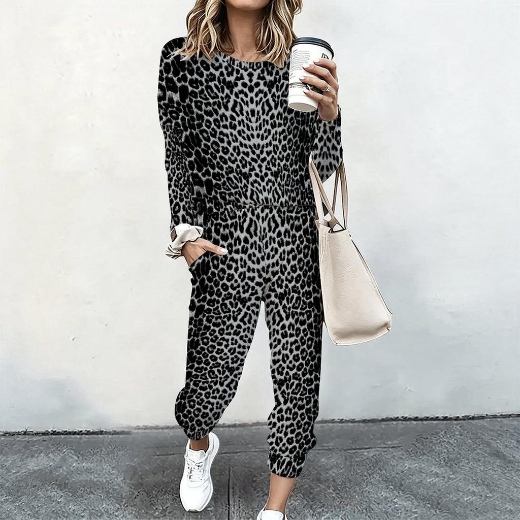 Female Crew Neck Long Sleeve Tunic And High Waist Straight Pants Two Piece Daily Casual Loungewear
