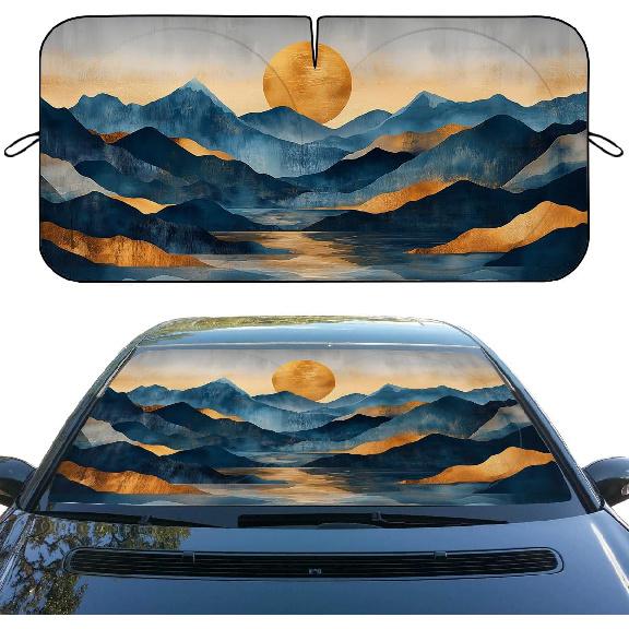 Dinosaur Car Front Window Sun Shield, Universal Windshield Sunshade, 59  L x 31.5  W, Black Polyester, UV Protection, Easy tall 59 L x 31.5 W