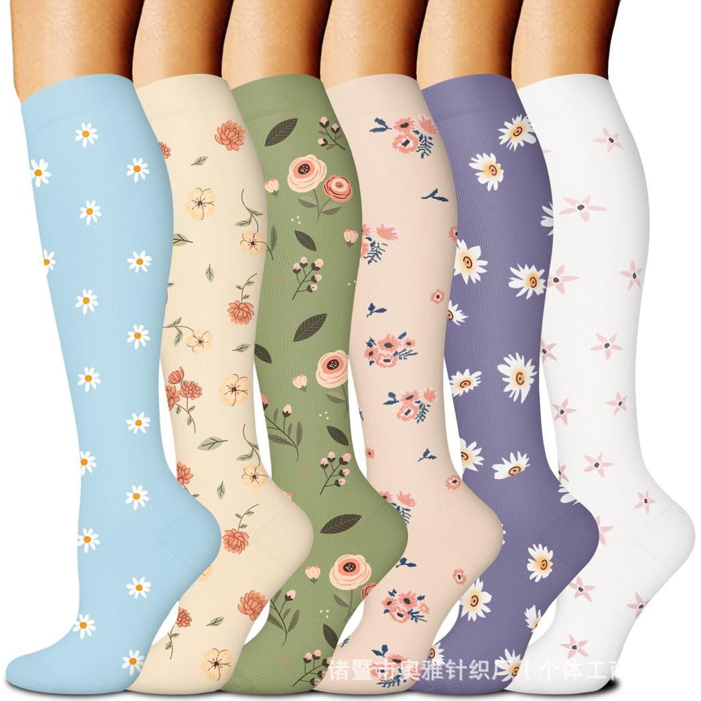 6 Pairs Mid Calf Compression Socks Sports Hiking Basketball Office Worker Calf Protection Stockings Varicose Vein Nurse Socks