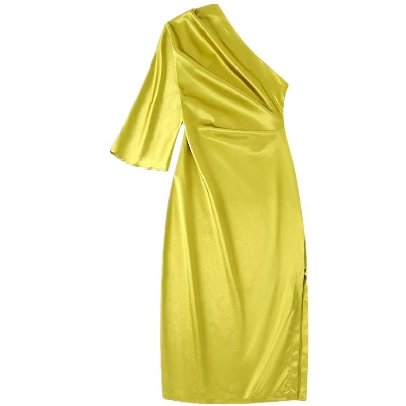 Ur European and American Style Asymmetric Silk Satin Texture Dress