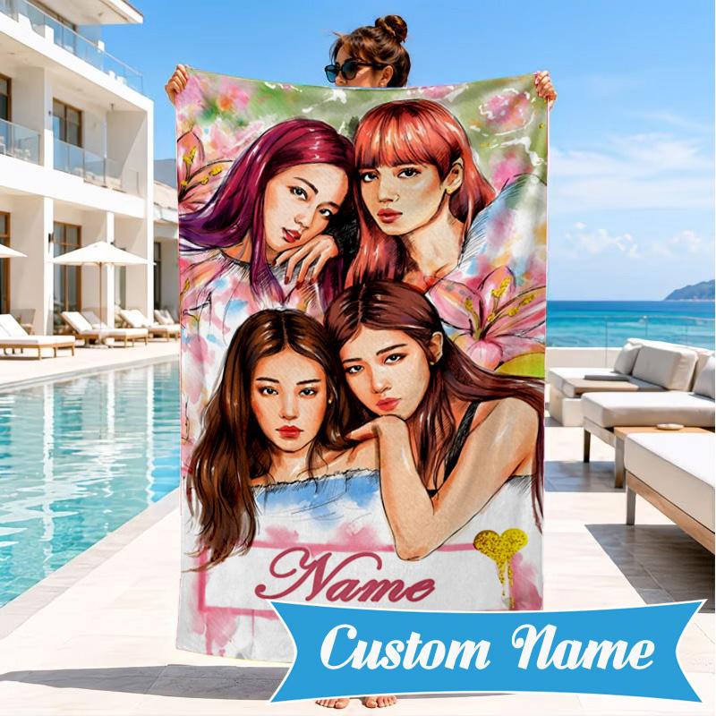 Custom Name Floral Fantasy Kpop Beach Towel Microfiber Beach Towel, Lightweight and Quick-Dry, for Summer Travel, Swimming Pool Gift