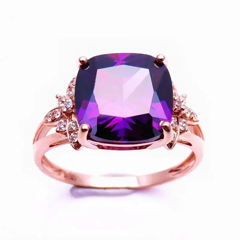 Original Design High Quality Glossy Light Luxury Purple Gems Ring Rose Gold Square Amethyst Rings for Women Wedding Zircon