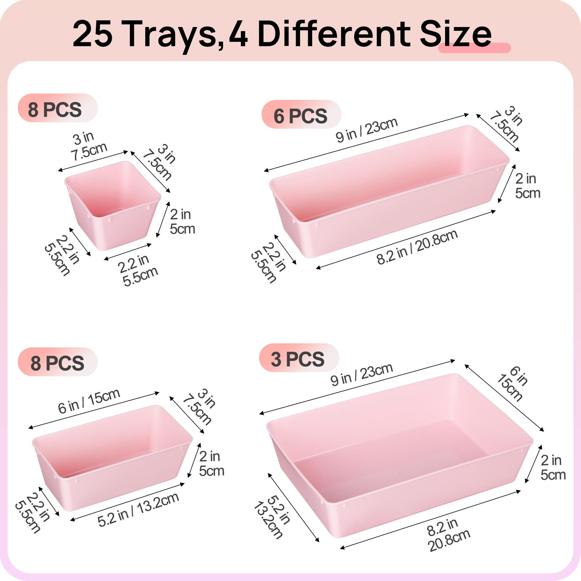 

Красочный набор из 25 прозрачных пластиковых органайзеров для ящиков 4 размеров, разделители для ящиков туалетного столика, контейнеры для хранения и разделения макияжа, кухонной утвари 25PCS/Set розовый