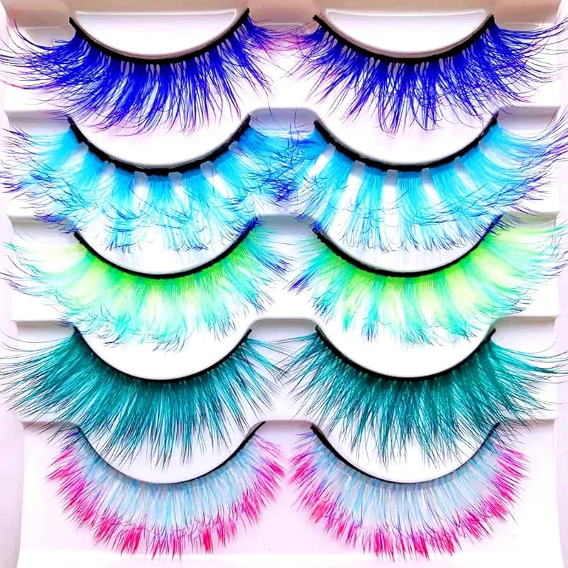 Sunniess Ombre Colored Lashes Silk Protein Fluffy Wispy Volume Fake Lashes for Halloweens Cosplay Party Stage Russian D Curl Lashes with Color Make