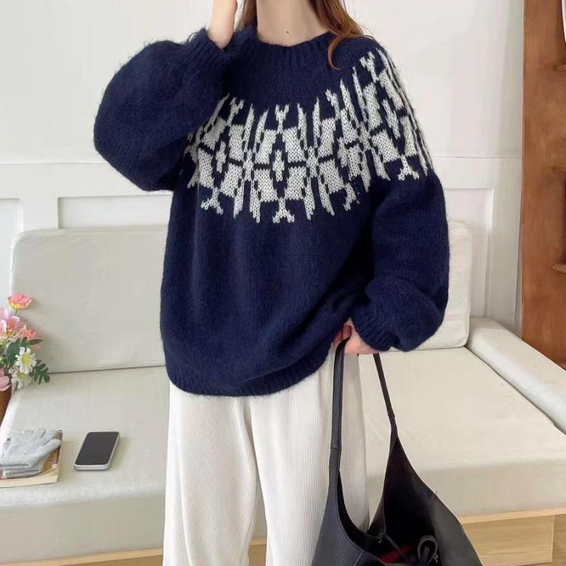 Retro Jacquard Lantern Sleeve Crew Neck Pullover Sweater Women's Lazy Wind Loose Age Reduction Autumn and Winter New Knitted Sweater