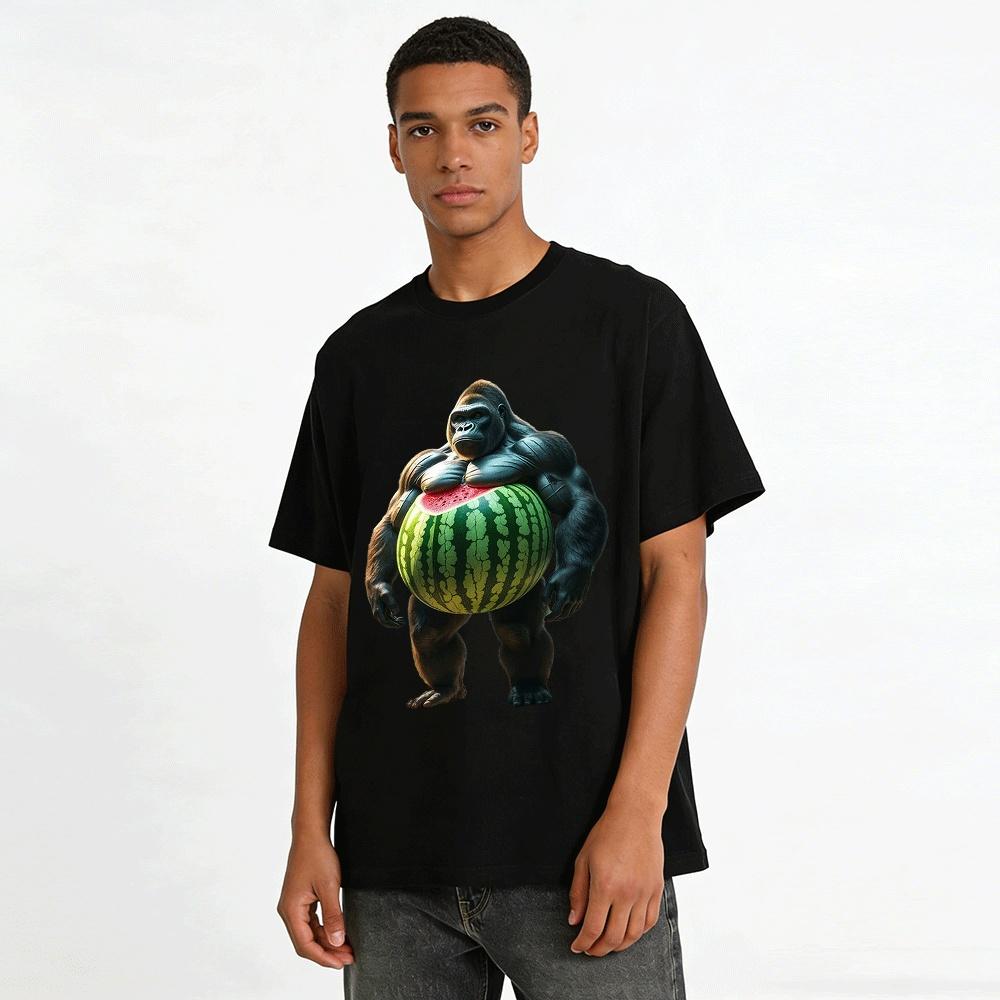 Funny Gorilla Holding Watermelon Graphic Print Short Sleeve T-Shirt Pure Cotton T-shirt