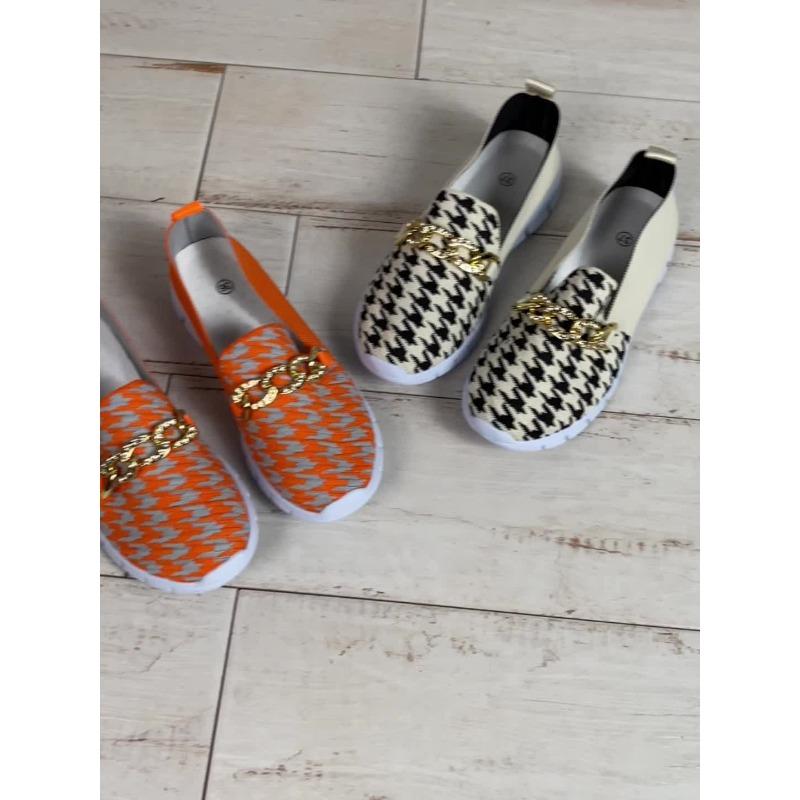 Women's Houndstooth Slip-On Sneakers - Casual Breathable Walking Shoes with Chain Decor