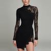 Elegantes Spitzen-Patchwork Schlankmachendes Langarm Durchsichtiges Kleid