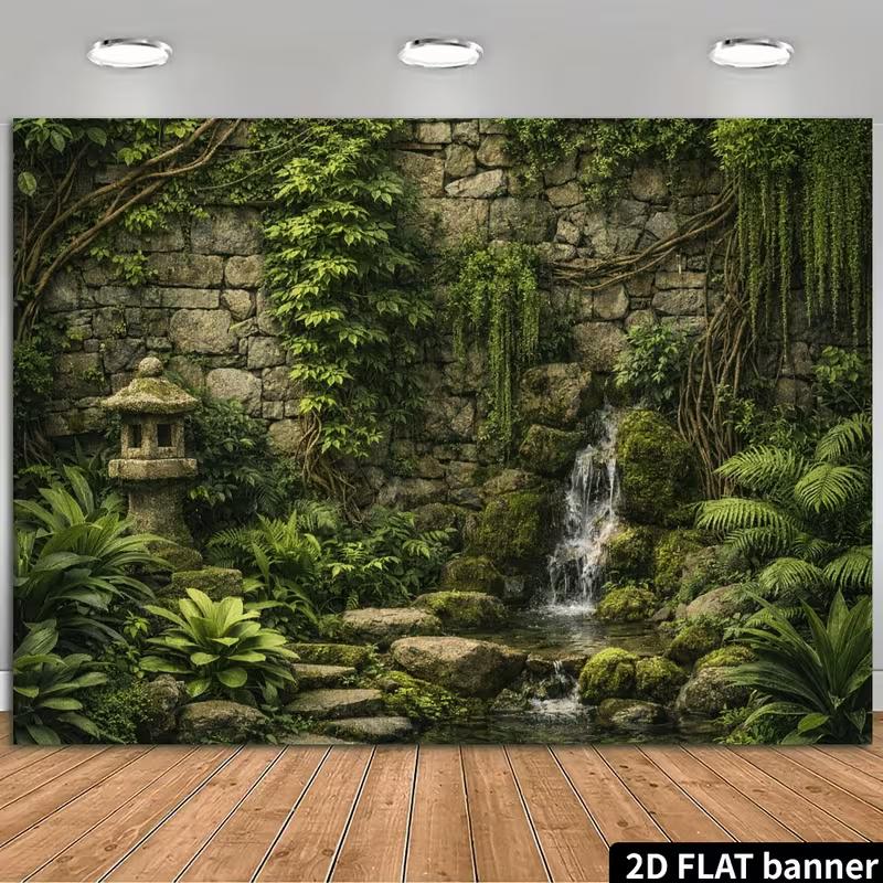 2D Mossy Rock Wall Green Vine Nature Scenery Backdrop for Studio Shoot