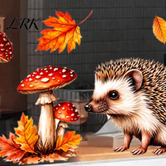 Kaffeehaus-Fensterkunst 2 Stück Herbstigel Statische Aufkleber, Herbst-Ahornblatt-Pilz-Glasaufkleber, Saisonale Dekorationen Klebefreie Aufkleber für