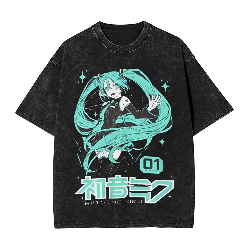 2026 Hot Sale Summer Japanese Anime Hatsune Miku Vintage Washed T Shirt Men Women Oversized Streetwear Graphic Tees Casual Cotton Tops Short Sleeve