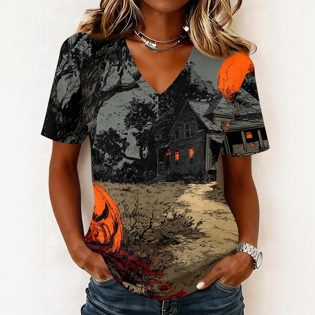 Women's Casual V Neck Pullover Top Halloween Pumpkin Print Short Sleeve Shirt Lightweight Comfortable Fit