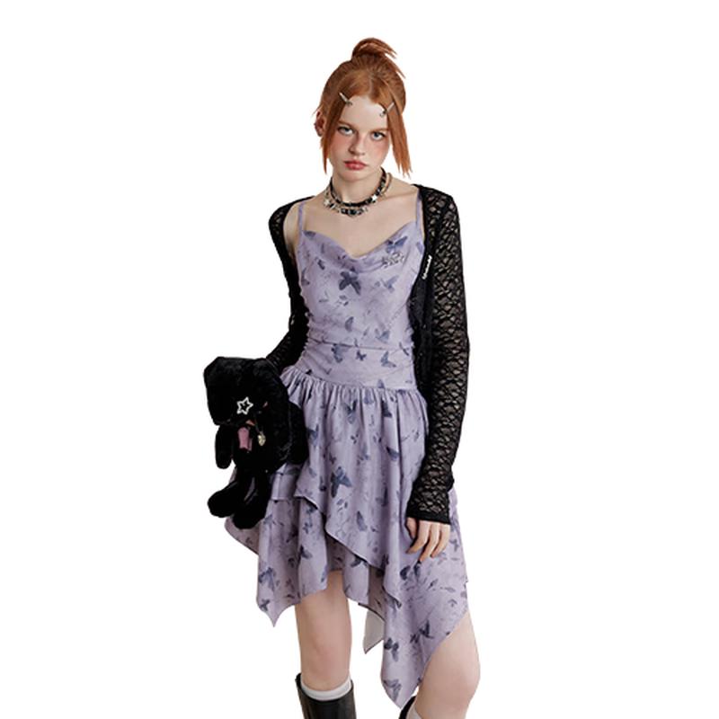 

UNIFREE Celebrity Style Butterfly Print Irregular Hem Camisole Dress S