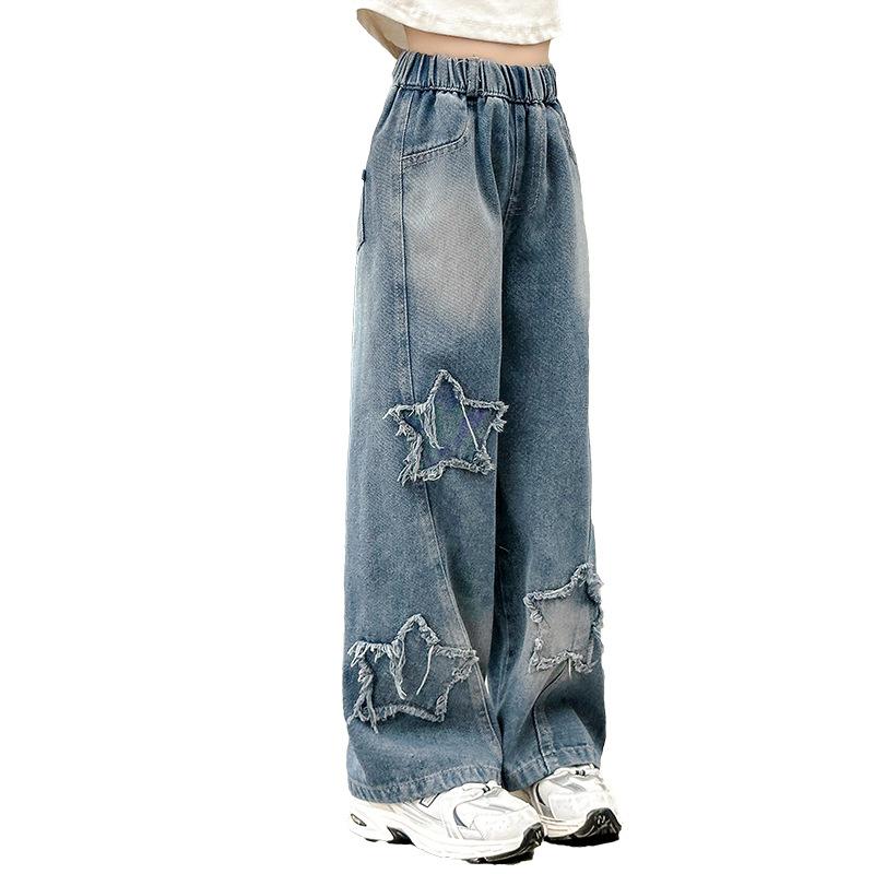 Teens School Children Trousers Spring Star Design Casual Loose Jeans for Girl Elastic Waist Fashion Kids Straight Pants