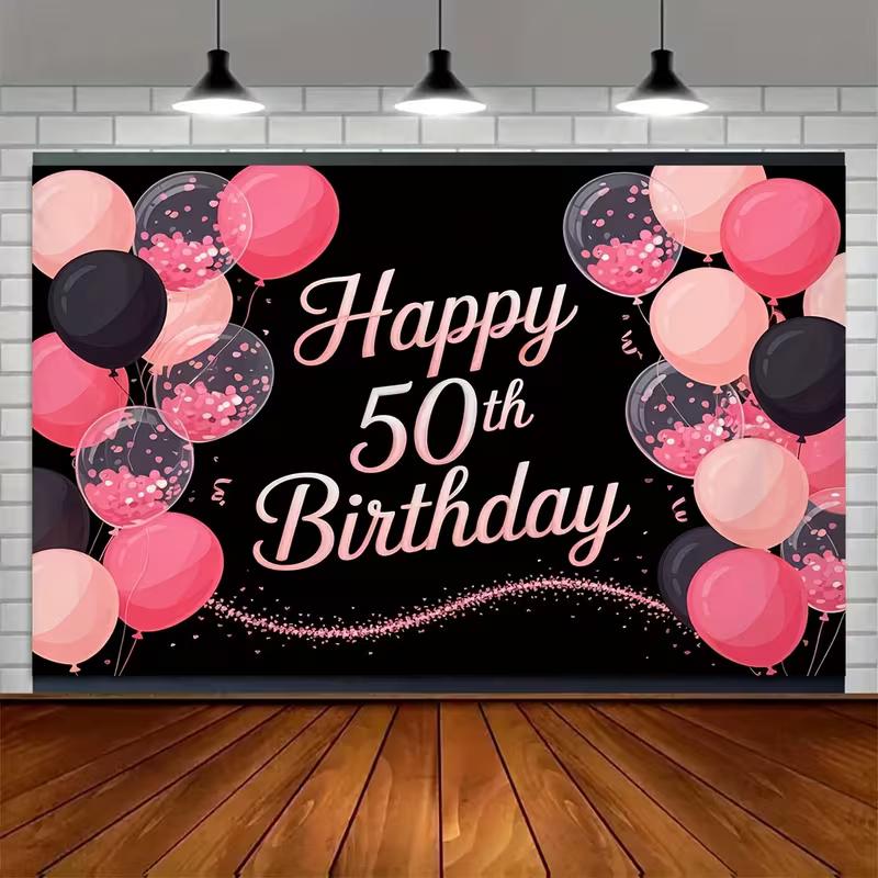 2D Black Pink Glitter 50th Birthday Backdrop with Confetti Balloons for 50th Birthday Party Photo Booth