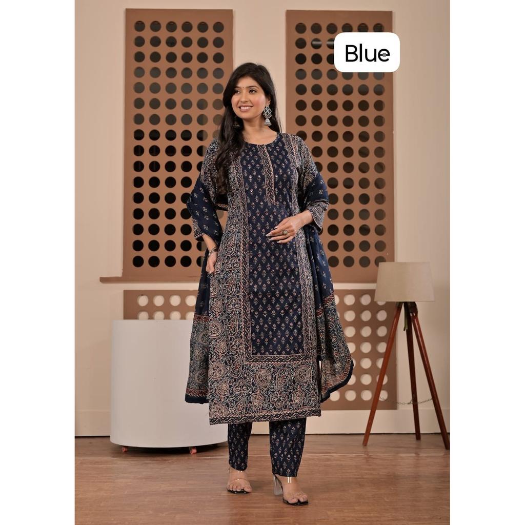 Heavy Cotton Women's Kurti Pant Dupatta Set Indian Designer Top Tunic Kurta Set