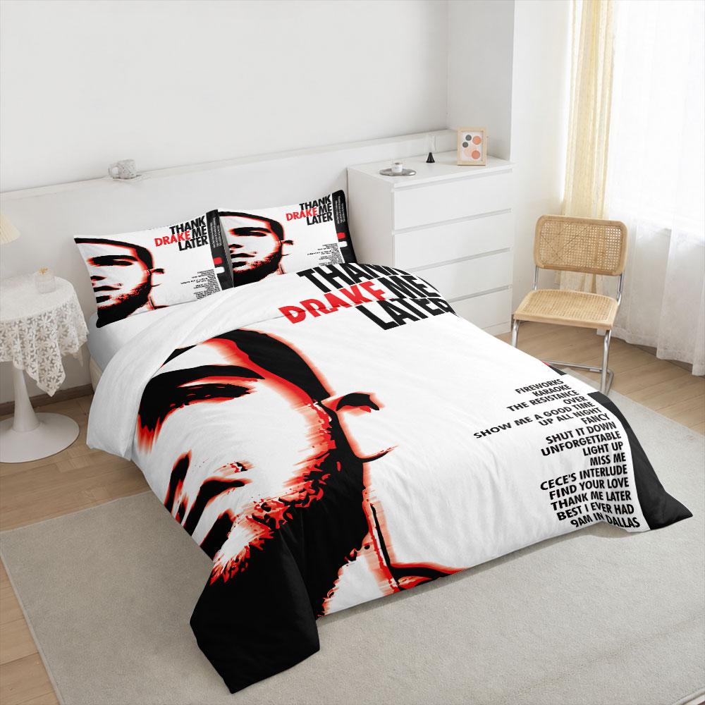 Drake Thank Me Later Album Duvet Cover Set, Red Silhouette Profile with Tour Tracklist on Black