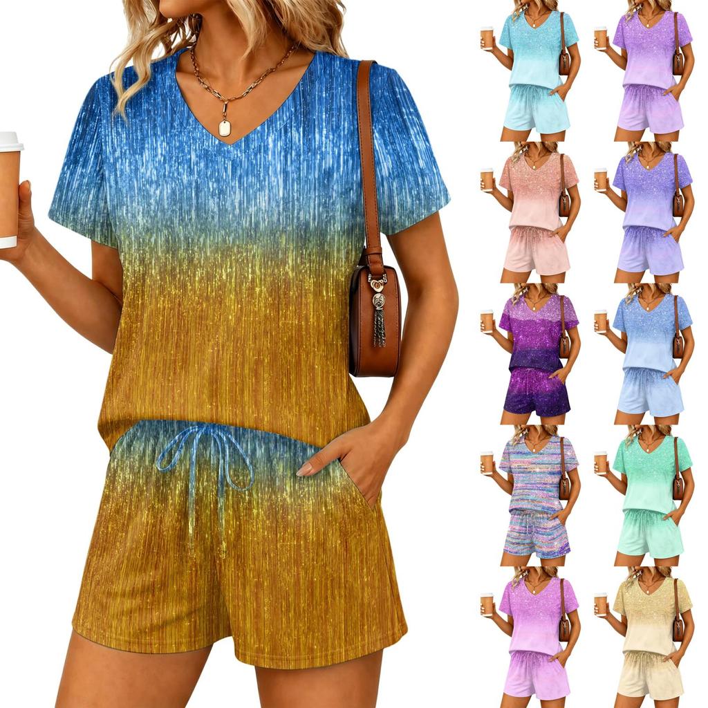 Women's Fashion Casual Gradient Print V Neck Two Piece Set Short Sleeve Top and Shorts Lounge Wear Summer Outfit