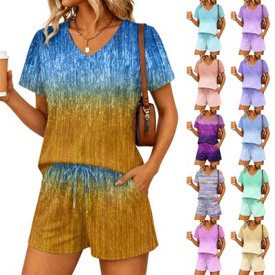 Women's Fashion Casual Gradient Print V Neck Two Piece Set Short Sleeve Top and Shorts Lounge Wear Summer Outfit