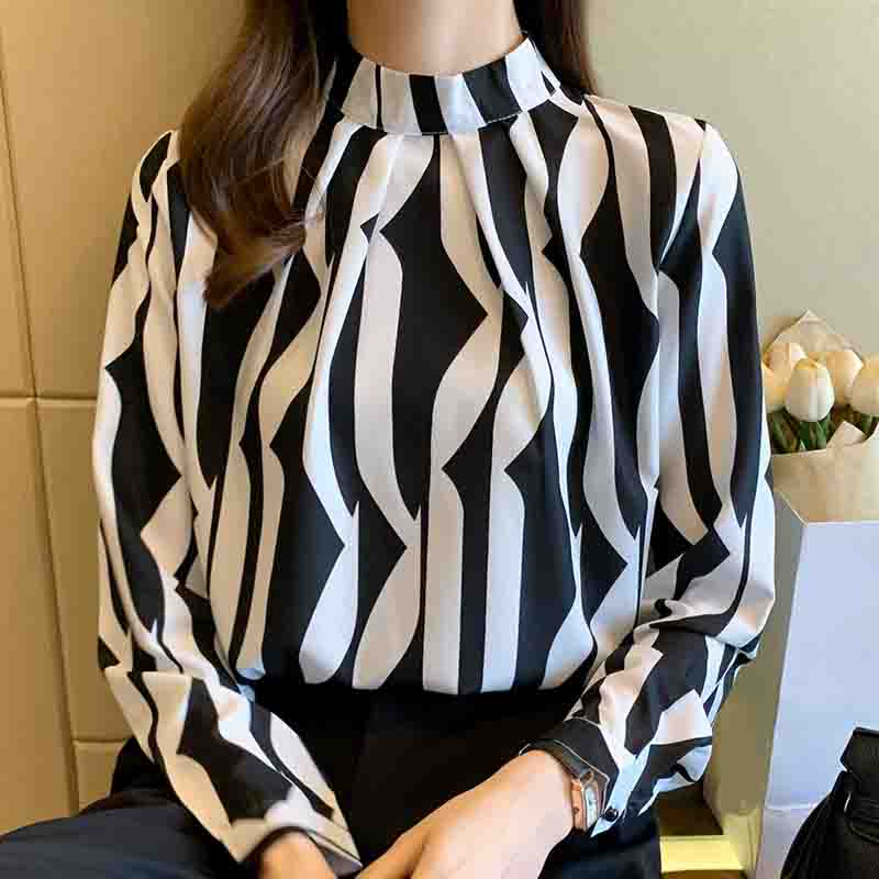 Autumn Fashion New Long Sleeve Women Blouse Stand Collar Black White Striped Chiffon Blouse Shirt Women Tops J739