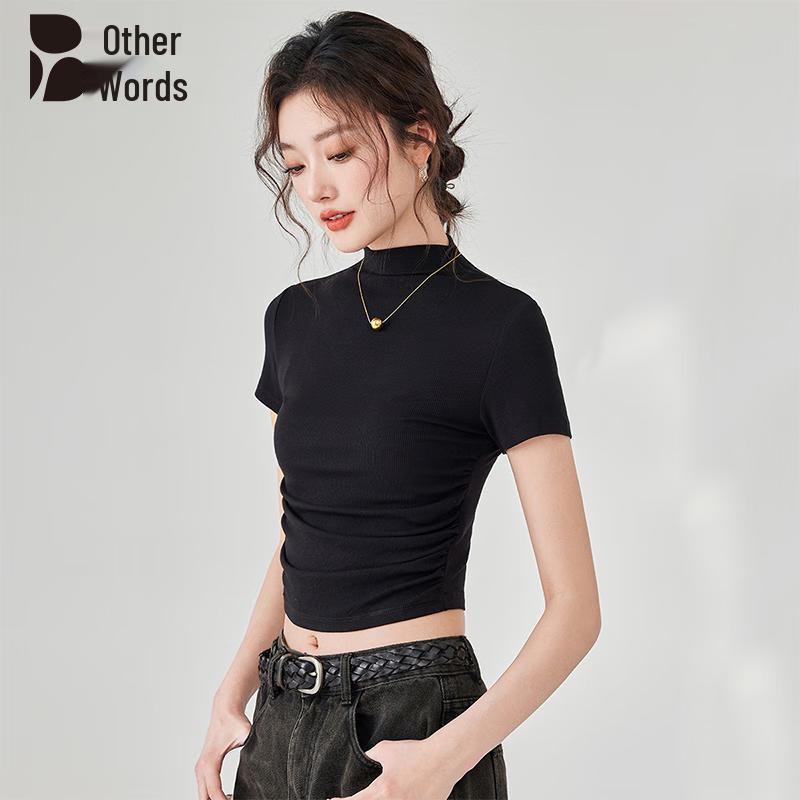 Women s Pleated Half-High Collar Short Sleeve T-Shirt XL