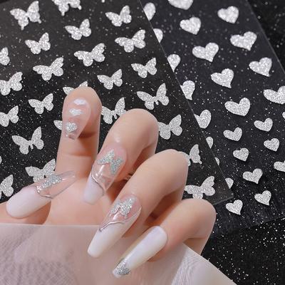2 Sheets Glitter Silver Nail Stickers, Heart Bear Star Butterfly Designs Decals for Nail Art Decoration