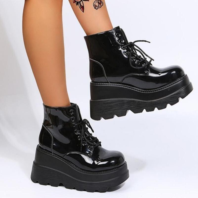 Women Boots High Topthick Sole Winter Slope Heel Lace Up Ankle Boots Women Shoes Bright Black Light Bling Black Chaussure Femme