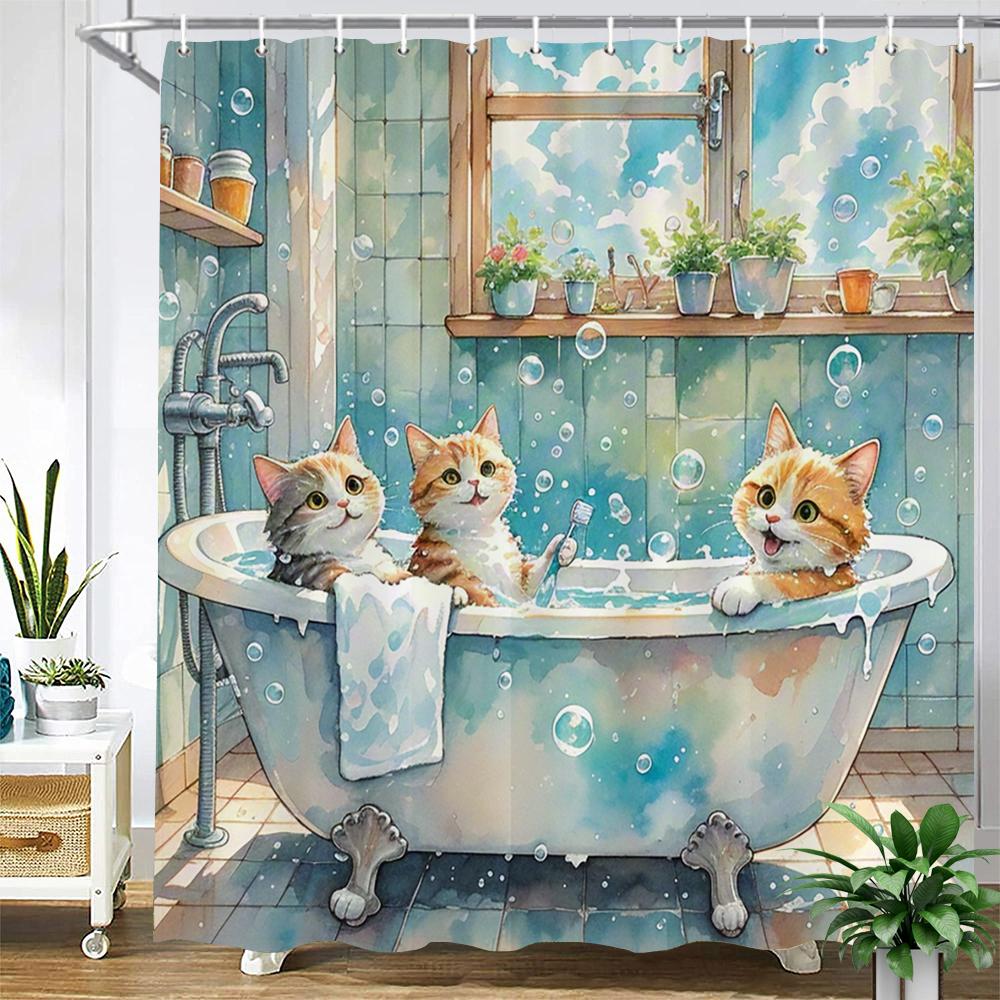 Funny Cat, Dog Shower Curtains with Hooks Home Decoration for Funny Bath Animal Bathroom Curtain Polyester Fabric Bath Curtain