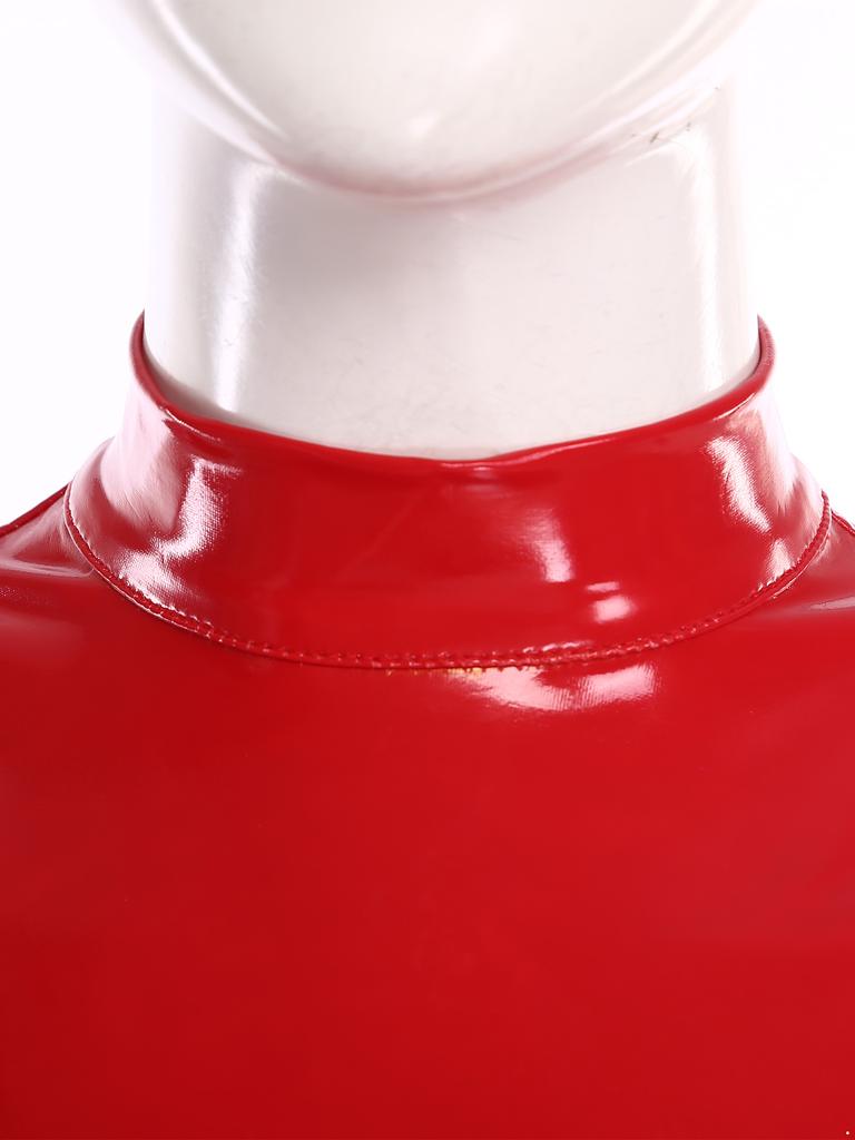 Damen Glänzendes PU Cropped Top Cold Shoulder Langarm Ausgeschnitten Rollkragen Pullover