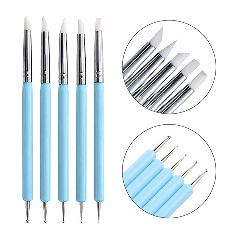 5Pcs 2 Way Nail Art Acrylic Silicone Point Flower Nail Pen Stainless Steel Dotting Tools Marbleizing Painting Pens
