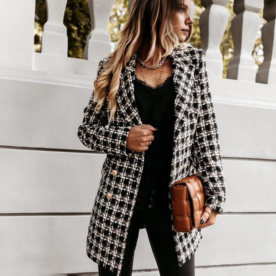 Winter Autumn Lady Coat Turn-down Collar Plaid Print Double-breasted Long Sleeves Thick Mid