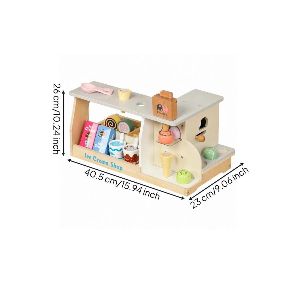 Wooden Pretend Ice Cream Shop Toy Freestanding Play Counter with Display Areas