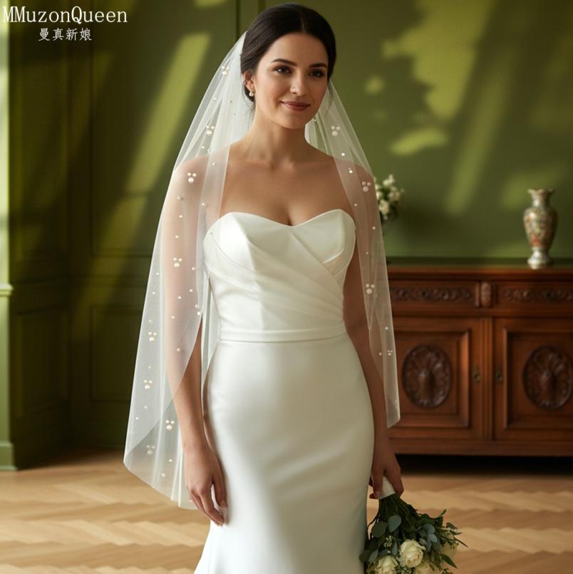 Einstufiger Tüll-Brautschleier mit Perlenbesatz und Metallkamm, 100 cm/200 cm lang, Weißer Hochzeitschleier für Braut, Elopement, Hochzeitsporträt, Fotoshooting