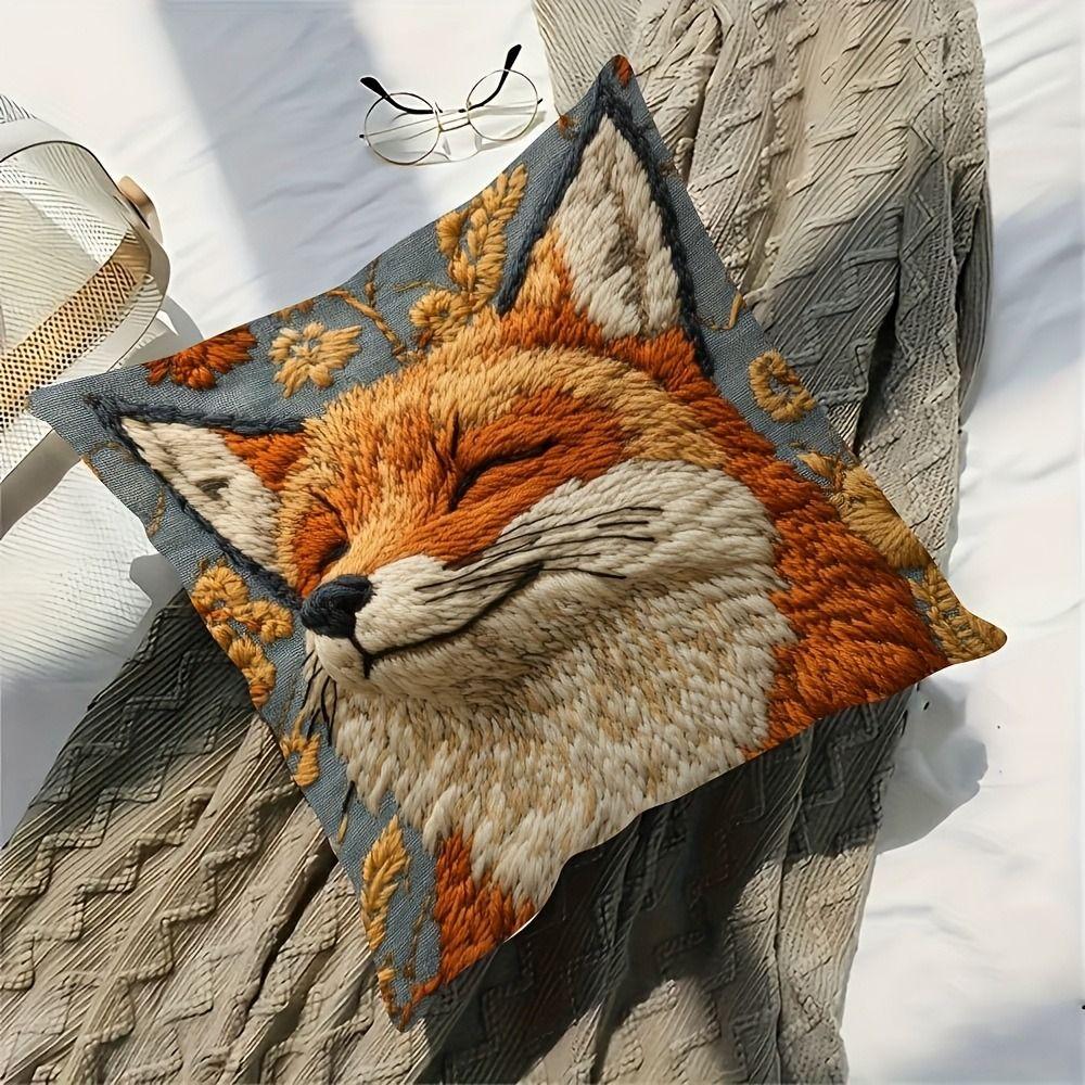 Pillow case, 2D fox embroidery, realistic design, cozy